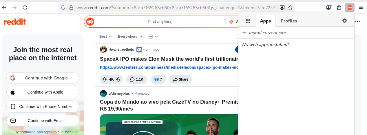 Exemplo de print com Install current site a mostra no topo direito